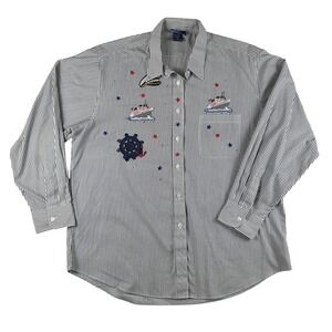 Vintage Las Olas Shirt Womens XL Striped Nautical Ship Novelty Embroidered Boat